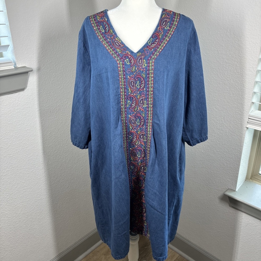 Go Softly Patio Dress Lightweight Denim XL Embroidered Beaded Country Cowgirl